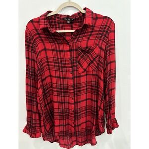 Velvet Heart Red Black Plaid Button Front Rayon Blouse Top Size Large